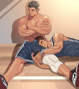 2boys bara bare_pectorals gay gay_male large_pectorals male male_focus male_only muscular muscular_male original original_character pectorals short_hair sportswear thick_eyebrows yaoi youchi123