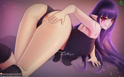 1girls ass asshole asshole_behind_thong black_thighhighs esil_radiru female looking_at_viewer panties pointy_ears purple_hair red_eyes sharp_nails solo_leveling teasing terithes thighs war_paint