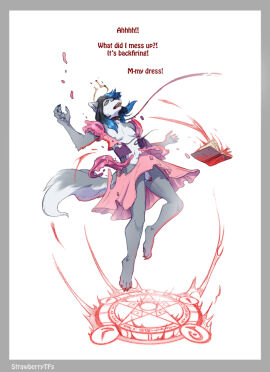 1boy animal_genitalia animal_penis anthro belly belly_button book canid canine canine_genitalia canine_penis canis choker clothed clothing crossdressing dialogue dick dress english_text fur furry genitals hair legs legs_apart male male_focus male_only mammal navel nipples nude nude_male open_eyes open_mouth partially_clothed penis short_hair solo strawberrytfs summoning summoning_circle text thighs wolf