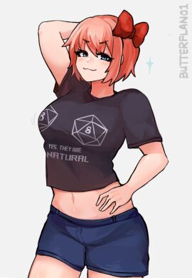 1girls artist_name blue_eyes bow bow_in_hair breasts busty butterflan01 casual casual_clothes curvy doki_doki_literature_club female hand_on_hip light-skinned_female light_skin midriff orange_hair sayori_(doki_doki_literature_club) shorts t-shirt white_background