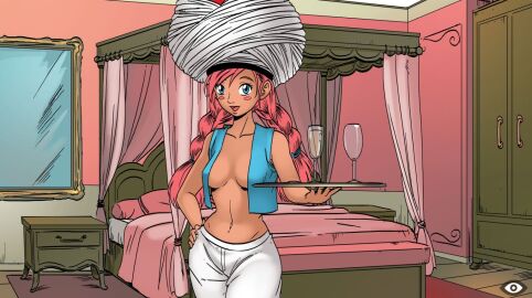 bed blue_eyes braid breasts cg cup curtains dark-skinned_female dark_skin drinking_glass female hand_on_own_hip hat hentai_heroes indoors kinkoid large_breasts long_hair looking_at_viewer medium_breasts midriff navel no_bra official_art open_clothes pants parody pillow pink_hair smile solo standing the_housemaid_(hentai_heroes) topless tray twin_braids vest white_pants