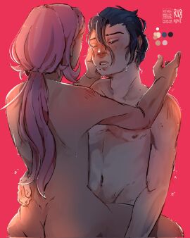 1boy 1girls 2d_(artwork) akire_wolfgang ambiguous_penetration behind_view blue_hair blush caring crying crying_with_eyes_closed danganronpa fanganronpa female fully_nude gentle k080200479 light-skinned_male light_skin lotus_position madison_grace male male/female mole_under_mouth naked_female naked_male navy_blue_hair nudity pink_hair project:_eden's_garden sitting_on_lap soft soothing submissive_male tan-skinned_female wiping_tears