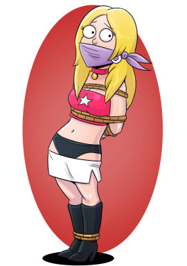 1girls 2018 adult_swim american_dad black_boots black_footwear black_panties blonde_hair bondage boots bound bound_ankles bound_arms bound_wrists cloth_gag clothed clothing earrings female female_only francine_smith gagged hoop_earrings kneehigh_boots kneehighs light-skinned_female light_skin looking_at_viewer mature mature_female midriff milf neckwear night-glare oval panties pink_neckwear pink_topwear red_oval rock_and_roll_sherpa_(francine_smith) rope rope_bondage skirt skirt_down tagme topwear white_background white_hoop_earrings white_skirt