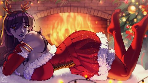 breasts christmas_clothing christmas_headwear christmas_tree fangs female gekko-seishin hi_res indie_virtual_youtuber inside looking_at_viewer lying lying_down lying_on_stomach orange_eyes pierced_nipples purple_hair purple_skin vexoria_the_sun_eater virtual_youtuber