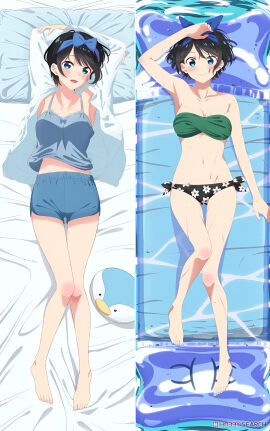 arms_up bandeau bare_arms bare_belly bare_legs bare_shoulders bare_thighs barefoot bed_sheet belly_button big_breasts bikini black_hair blue_eyes blush breasts camisole cleavage collarbone dakimakura dakimakura_design feet female kanojo_okarishimasu knee_blush lying mouth_closed nail_polish nightgown official_art open_mouth open_shirt pillow pool ribbon sarashina_ruka shirt short_hair shorts smile thighs toenail_polish toes water wet_body