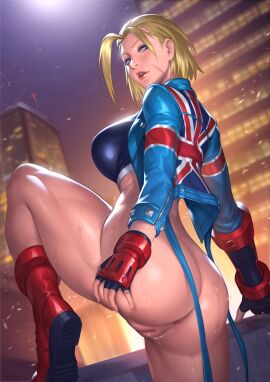 1girls absurd_res ahoge alternate_version_available anus ass blonde_hair blue_eyes boots bottomless cammy_white capcom city female fingerless_gloves gloves hi_res jacket leg_up looking_at_viewer looking_back looking_down muscular muscular_female night parted_lips presenting pussy pussy_juice scar solo spread_ass street_fighter street_fighter_6 sunkeytail sweat thick_thighs thighs uncensored union_jack
