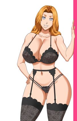 1girls ass ass_visible_through_thighs bare_legs bare_thighs beauty_mark big_breasts black_lingerie black_stockings bleach blonde_hair blue_eyes bra breasts bust busty cleavage curvaceous curvy curvy_female curvy_figure deep_cleavage female female_only g-string garter_belt garter_straps high_resolution highres huge_ass huge_breasts large_breasts leaning_against_wall lingerie lingerie_only matsumoto_rangiku mole mole_under_eye mole_under_mouth oppai orange_hair panties pinkpawg pinup solo solo_female solo_focus stockings thick_thighs uncensored underwear underwear_only voluptuous voluptuous_female