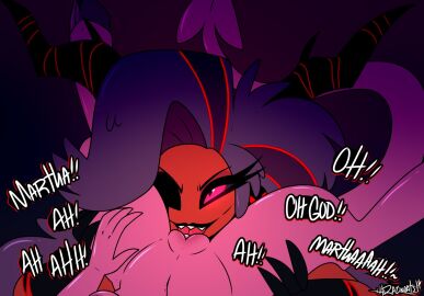 2demons 2girls blush bodily_fluids breasts cunnilingus demon demon_humanoid demon_martha_(helluva_boss) dialogue duo enemies_to_lovers faceless_character faceless_female fangs female female/female female_pov first_person_view genitals grey_hair hair helluva_boss hi_res horn humanoid licking licking_pussy martha_(helluva_boss) mature_female mayberry_(helluva_boss) multiple_females multiple_girls nude open_mouth open_smile oral oral_sex pink_body pussy razincakes red_body red_eyes sex smile tail taker_pov teeth thick_thighs tongue tongue_out vaginal_penetration yuri