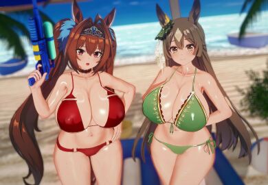 2girls 3d beach bikini breasts brown_eyes brown_hair cleavage closed_mouth daiwa_scarlet_(umamusume) danish_primus female female_only green_swimsuit hair_between_eyes hand_on_hip horse_ears horse_girl huge_breasts koikatsu light-skinned_female light_skin nipple_bulge open_mouth outdoors red_eyes red_swimsuit satono_diamond_(umamusume) shiny_skin smile solo swimsuit tiara tied_hair twintails umamusume vermelho_(artist) water_gun