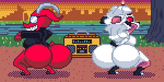 2girls animated arms_up ass ass_clapping belfast_(nondelismell) belphegor_(helluva_boss) big_ass bottom_heavy bouncing_ass bouncing_breasts breasts bubble_ass bubble_butt clapping_cheeks demon demon_girl fat_ass female female_only gold_boombox_(prevence) hands_behind_head helluva_boss huge_ass jacalope jiggle jiggling_ass jiggling_breasts large_ass original pixel_animation pixel_art solo thick_ass thick_thighs twerking wide_hips