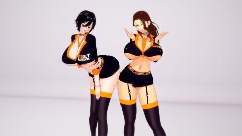 2girls akinama_family_(noir-black-shooter) ashley_banks_(kaoskatsu) big_breasts breasts brown_hair crossover cumslut_(franchise) dark_blue_hair female huge_breasts koikatsu milf multiple_females multiple_girls naoki_akinama_(noir-black-shooter) noir-black-shooter oc original original_character short_hair