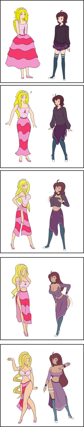 2girls absurdres blonde_hair blue_eyes breast_expansion breast_growth breast_growth_(enlargement) breasts brown_eyes brown_hair caelia choker cleavage comic dancer dancing dark_skin db-palette ebonization female female_only femsub happy_trance harem_outfit high_heels large_breasts long_hair maddy_(duckydaduck) multiple_females multiple_girls multiple_subs original simple_background transformation white_background