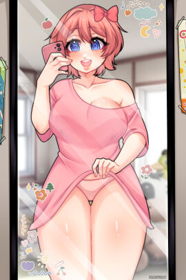 1girls big_breasts blue_eyes blush bow breasts cute doki_doki_literature_club exposed_panties exposure female female_focus hair_bow hairbow holding_phone just_sayori markunart marukunart mirror mirror_reflection mirror_selfie open_mouth panties phone pink_panties red_bow red_hair sayori_(doki_doki_literature_club) self_exposure selfie showing_off showing_panties thighs wake_up waking_up