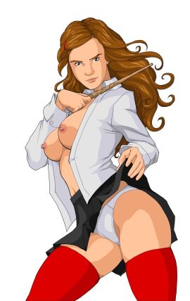 1girls big_breasts bokuman breasts female female_only harry_potter hermione_granger light-skinned_female looking_at_viewer nipples panties partially_clothed skirt skirt_lift solo solo_female thick_thighs thighhighs