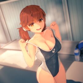 1girls 3d anna_anon anna_skyler big_breasts breasts brown_hair collarbone detailed_background english_text eyebrows_visible_through_hair female female_only highres koikatsu lifting_clothing looking_at_viewer one-piece_swimsuit open_mouth orange_eyes original original_character solo solo_female sweat swimsuit swimwear twintails wet wet_skin