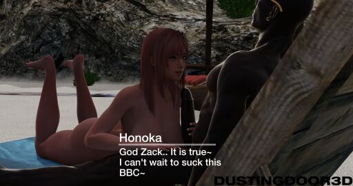 1boy 1girls 3d 3d_(artwork) beach caption dark-skinned_male dark_skin dd3d dead_or_alive english english_text female handjob honoka_(doa) male outdoors outside sand tagme zack_(dead_or_alive)