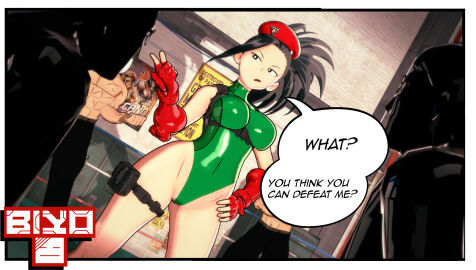1girls 3d 4boys big_breasts biyo black-haired_female black_hair bodysuit breasts cammy_white_(cosplay) cosplay dialogue female fight heroine heroine_in_trouble imminent_rape imminent_sex leotard male momo_yaoyorozu my_hero_academia street_fighter