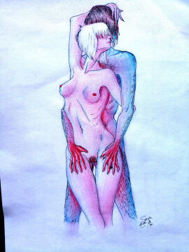 1boy 1girls 2018 areolae artist_name artist_signature ass_visible_through_thighs bangs bangs_covering_eyes bangs_over_eyes black_hair black_nail_polish black_nails blue_body blue_skin blue_skinned_male catsayu collarbone cropped_legs female hairy hairy_arms hairy_legs hairy_male hairy_pussy male multicolored_body multicolored_skin navel nipples nude nude_female nude_male original original_character paper paper_drawing pink_body pink_skin pink_skinned_female pointy_nails pubic_hair purple_body purple_skin pussy red_body red_hands red_nipples red_skin short-haired_female short-haired_male short_hair straight traditional_media traditional_media_(artwork) white_hair