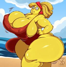 ass baywatch_(cosplay) baywatch_(franchise) bbw big_ass big_breasts bikini breasts bubble_ass bubble_butt cleavage fat_ass female gholdengo huge_ass huge_breasts one-piece_swimsuit pokemon superix thick_thighs wide_hips yellow_skin