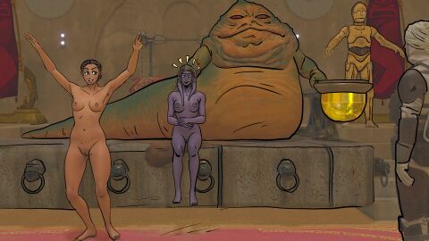 2d 2girls 3boys absent_hentai alien alien_boy armpits arms_up background barefoot being_watched breasts brown_background c-3po color completely_nude dancing dengar droid_(star_wars) feet female front_view full_body genitals hands_together hutt jabba's_palace jabba_the_hutt male medium_breasts mostly_nude multiple_boys multiple_females multiple_girls multiple_males nipples nude nude_female nudity padme_amidala protocol_droid purple_body pussy robot science_fiction shaved_pussy sitting spread_arms standing star_wars subjectnether tail tan_body tentacle_hair throne_room twi'lek
