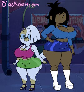 2girls adventure_time adventure_time:_fionna_&_cake artist_name big_ass big_breasts black_hair blackmorty_(artist) breasts cake_the_cat cake_the_cat_(club_outfit) cartoon_network dark-skinned_female dark_skin edit female female_focus female_only fionna_and_cake fionna_campbell fionna_campbell_(club_outfit) fionna_the_human_girl furry furry_female hand_on_hip hbo_max long_boots miniskirt skin_edit thick_thighs