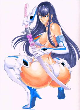 ass blue_eyes bottom_heavy dark_hair heels high_heels kill_la_kill kiryuuin_satsuki large_ass long_hair looking_back simple_background smiling squatting sword thick_thighs underwear wide_hips
