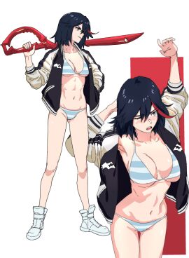 1girls 2024 2d 2d_(artwork) armpits arms_up belly belly_button big_breasts bikini bikini_under_clothes black_hair blade blue_eyes blush blushing breasts busty cleavage clothing collage dark_hair fat_breasts female female_only female_protagonist fit fit_female flat_belly human human_only jacket kill_la_kill large_breasts light-skinned_female light_skin matoi_ryuuko minuranakatawa multicolored_hair partially_clothed questionable red_background red_hair_stripe revealing_clothes scissor_blade scissors shoes short_hair solo solo_female stretching studio_trigger swimsuit swimwear sword thigh_gap thighs thin tomboy tummy weapon weapons white_background