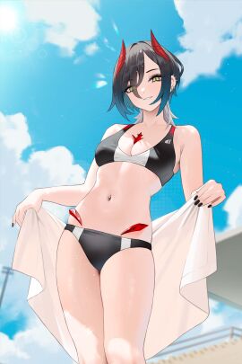 1girls azur_lane bare_armpits bare_arms bare_belly bare_chest bare_hands bare_hips bare_legs bare_midriff bare_navel bare_shoulders bare_skin bare_thighs bare_torso belly belly_button belly_button_piercing bikini bikini_bottom bikini_only bikini_top black-haired_female black_bikini black_bikini_bottom black_bikini_only black_bikini_top black_fingernails black_hair black_nail_polish black_nails black_swimsuit black_swimwear blue_sky breasts cirilla_lin cleavage clouds collarbone dot_nose ear_piercing exposed exposed_arms exposed_belly exposed_legs exposed_midriff exposed_shoulders exposed_thighs exposed_torso female female_only fingernails fingers grin groin hair_between_eyes high_resolution highres horn horns lean_figure legs light-skinned_female light_skin looking_at_viewer looking_down looking_down_at_another looking_down_at_partner looking_down_at_viewer medium_breasts nail_polish nails narrow_waist navel navel_piercing outdoors outside painted_nails parted_bangs parted_lips petite petite_body petite_breasts petite_female pierced_belly_button red_horn red_horns short_hair shoulders simple_background sky slender_body slender_waist slim_female slim_waist slit_pupils smile smiling_at_viewer smirk solo standing swimsuit swimwear thick_thighs thighs thin_waist towel ulrich_von_hutten_(azur_lane) underboob upper_body v-line white_towel yellow-eyed_female yellow_eyes