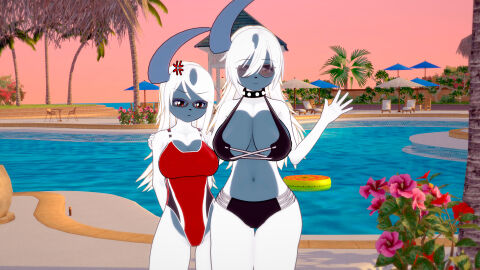 2girls absol angry big_breasts breasts envy female koikatsu pokemon pokemon_(species) render_007 sunglasses swimming_pool swimsuit