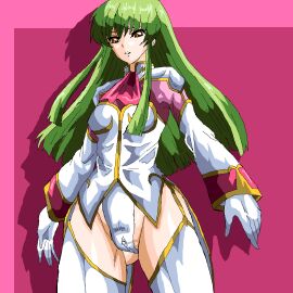 1girls c.c. cameltoe clitoris code_geass female gloves green_hair long_sleeves ninjinhetare333 pilot_suit pussy solo thighhighs thighs yellow_eyes