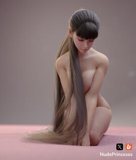 3d bangs blender_(software) blunt_bangs breasts brunette brunette_hair closed_eyes eve_(stellar_blade) eye_closed fanart female hair_fetish hi_res kneeling naked naked_female nude nude_female nudeprincesss photoshop ponytail realistic solo stellar_blade very_long_hair