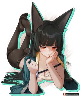 1girls animal_ear_fluff animal_ears bicio black_hair black_pantyhose blue_cape blunt_bangs blush breasts cape chest_sarashi cleavage closed_mouth comic female fox_ears fox_girl hand_on_own_face highres hoshimi_miyabi large_breasts long_hair looking_at_viewer lying no_pants no_shoes on_stomach paid_reward_available pantyhose red_eyes sarashi sidelocks smile solo zenless_zone_zero