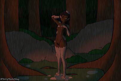 3:2 absurd_res athletic athletic_female bathing beatrix_(terrytheartguy) camping dark_body dark_skin dragon exhibitionism female forest forest_background hi_res humanoid hybrid mythological_creature mythological_scalie mythology nature nature_background nude nude_female plant pubes raining ruins scalie showering solo suds terrytheartguy tree