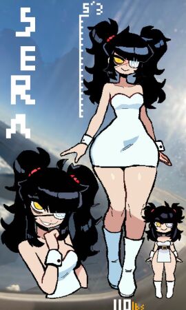 1girls black_hair breasts dress eyepatch female monmaamn oc original original_character pixel_art ponytails reference seraphim_(monam) small_breasts tagme thick_thighs white_boots white_dress wide_hips yellow_eye