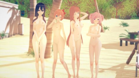 3d 4girls beach doki_doki_literature_club ecxreaper female female_only human human_only light-skinned_female light_skin monika_(doki_doki_literature_club) multiple_females multiple_girls natsuki_(doki_doki_literature_club) nipples nude nude_female palm_tree sayori_(doki_doki_literature_club) yuri_(doki_doki_literature_club)