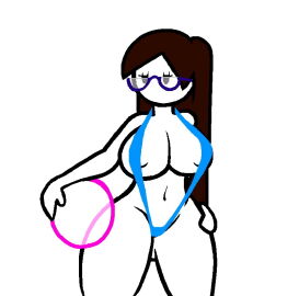 ass_visible_through_thighs beach_ball big_breasts breasts female glasses hand_on_hip harvestman_here holding_ball looking_to_the_side mob_face sling_bikini sling_chan thick_thighs
