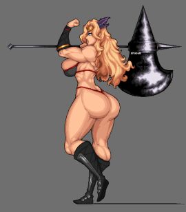 1girls amazon_(dragon's_crown) armor armwear ass axe big_ass big_breasts bikini_armor blonde_hair blue_eyes boots breasts dragon's_crown emadart female female_only footwear full_body hair hair_ornament holding_weapon huge_breasts legs lips long_hair muscular muscular_female pixel_art sideboob skimpy skimpy_armor solo solo_female thighs