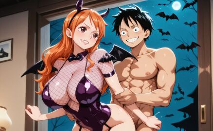 ai_generated big_breasts black_hair blonde_hair blush curvy curvy_body curvy_female devil devil_costume devil_girl djsu from_behind halloween monkey_d_luffy muscular muscular_male nami_(one_piece) one_piece orange_hair sex sex_from_behind wide_hips