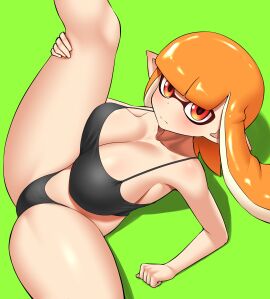 2024 armpits belly belly_button big_breasts bikini black_bra black_clothing black_panties blush breasts cleavage female female_focus female_only fixing_hair green_background hands_on_breasts inkling inkling_girl kaori_(splatoon) large_boobs large_breasts leaning light-skinned_female light_skin long_hair looking_at_viewer looking_up nobunagapero on_knees orange_hair png pointy_ears red_eyes shoulders simple_background skimpy_clothes slightly_chubby slightly_chubby_female solo solo_female solo_focus splatoon spread_legs tentacle tentacle_hair thick_thighs
