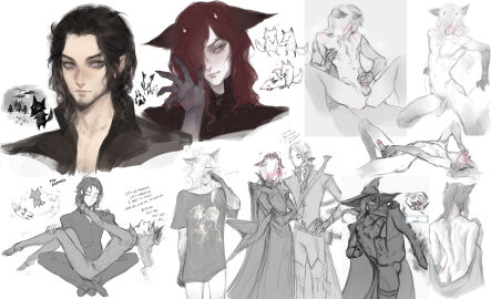 2boys animal_ears ass balls bishounen black_hair black_hands blush closed_mouth colored_extremities elrik_(nat_the_lich) erection facial_hair fox fox_boy fox_ears from_side goatee grabbing grey_eyes hand_up handjob long_hair lying male male_focus male_masturbation masturbation multiple_boys multiple_males multiple_views natthelich oerba_yun_fang on_back on_lap original pale_skin parted_hair pectoral_grab penis red_eyes renard_beauchene_(nat_the_lich) sex shirt sitting small_horns straddling t-shirt testicles wavy_hair wolf wolf_boy yaoi