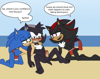 5_fingers 5_toes anthro balls beach black_body blush bulge chin_piercing clothed clothing dialogue digital_media_(artwork) ear_piercing ear_ring english_text erection eulipotyphlan eyewear eyewear_only facial_piercing fan_character feet fingers forced_exposure fur gay genitals glasses glasses_only gottagoblast gottagoblastnsfw group hair hedgehog hi_res humanoid_genitalia humanoid_penis kneeling male male/male mammal nude open_mouth outside penis piercing ring_piercing sand seaside sega shadow_the_hedgehog simple_background sky smile soles sonic_(series) sonic_the_hedgehog sonic_the_hedgehog_(series) speech_bubble speedo speedo_only spread_legs spreading swimwear tail teeth text toes topless trio water wearing_glasses