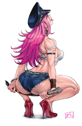 1girls ass ass_focus back_view backboob blue_eyes breasts choker clothed_female dimples_of_venus female final_fight from_behind high_heels hotpants juaagacgy large_ass long_hair long_legs looking_back medium_breasts off-shoulder_shirt peaked_cap pink_hair poison_(final_fight) police_hat simple_background squatting street_fighter thick_thighs toned tongue tongue_out whip white_background