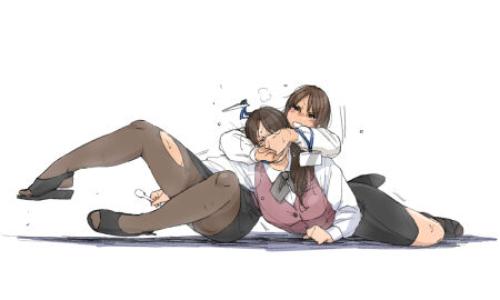2girls catfight female fight fighting glasses jojoba office_clothing office_lady original original_characters ripped_stockings simple_background submission_hold thick_thighs thighs white_background wrestling wrestling_femdom