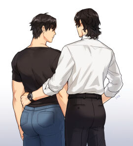 2boys arm_around_waist black_eyes black_hair dress_shirt expressionless gay jeans looking_at_another male male_only multiple_boys multiple_males muscular original pants rolled_up_sleeves simple_background standing t-shirt watch white_background yaoi yukibi_(ykb)