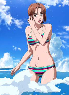 absurdres anime_screenshot beach bikini breasts brown_eyes brown_hair cleavage collarbone ecchi_san female highres initial_d medium_breasts mika_uehara navel ocean open_mouth side-tie_bikini_bottom stitched stomach swimsuit thighs third-party_edit water wet wet_clothes wet_swimsuit