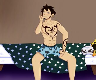 1boy artist_request bed black_hair boxers bulge clothing grey_eyes guy hard_cock hard_penis hat male male_only one_piece penis trafalgar_law