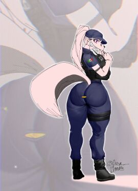animal_ears animal_tail ass big_ass big_breasts big_butt big_thighs big_titties breasts clothing curvaceous curvaceous_female curvaceous_figure curvy curvy_figure curvy_hips female female_focus female_only furry furry_female furry_only long_hair looking_at_viewer orca_limon original original_character police police_uniform white_fur white_hair wolf wolf_ears wolf_girl wolf_tail