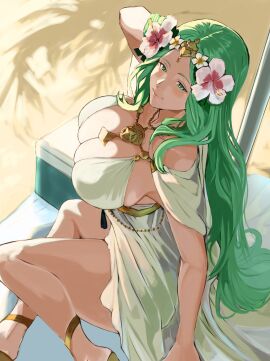 1girls alternate_costume big_breasts bikini blush breasts cleavage closed_mouth crossed_legs female fire_emblem fire_emblem:_three_houses fire_emblem_heroes flower green_eyes green_hair hair_flower hair_ornament highres large_breasts lips long_hair nintendo official_alternate_costume outdoors pink_lips rhea_(fire_emblem) rhea_(summer)_(fire_emblem) sand shadow smile solo sutekina_yari swimsuit thighs very_long_hair white_bikini white_swimsuit