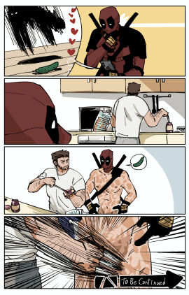 2boys brown_hair cellphone claw_(weapon) cucumber deadpool deadpool_&_wolverine_(2024) feline gay holding_phone iji_1228 kitchen logan_(x-men) male male_only marvel marvel_comics nipples nude pectorals sandwich scar shirt short_hair smartphone superhero_costume to_be_continued_meme violence wade_wilson wolverine_(x-men) x-men yaoi