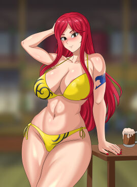1girls abs against_table areolae arm_tattoo big_breasts bikini bikini_bottom bikini_top blue_tattoo blush breasts brown_eyes busty charliejax child_bearing_hips cleavage curvaceous curves curvy curvy_body curvy_female curvy_figure curvy_hips erect_nipples erect_nipples_under_clothes erza_scarlet fairy_tail fairy_tail_mark female female_focus female_only hi_res high_resolution highres hips hourglass_figure inner_sideboob large_areolae large_breasts light-skinned_female light_skin long_hair nail_polish nipple_bulge nipples nose_blush painted_nails pale-skinned_female pale_skin panties pinup red-haired_female red_hair red_nail_polish red_nails smile smiling smiling_at_viewer solo solo_female solo_focus standing swimsuit tattoo tattoo_on_arm tattooed_arm thick_thighs thighs toned toned_female very_high_resolution wide_hips yellow_bikini yellow_bikini_bottom yellow_bikini_top yellow_panties yellow_swimsuit
